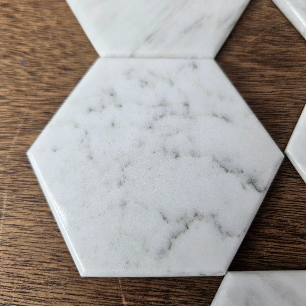 White Marble Hexagon‎ Coasters Set of 5 Matching Caddy Holder Veined Gray Vtg